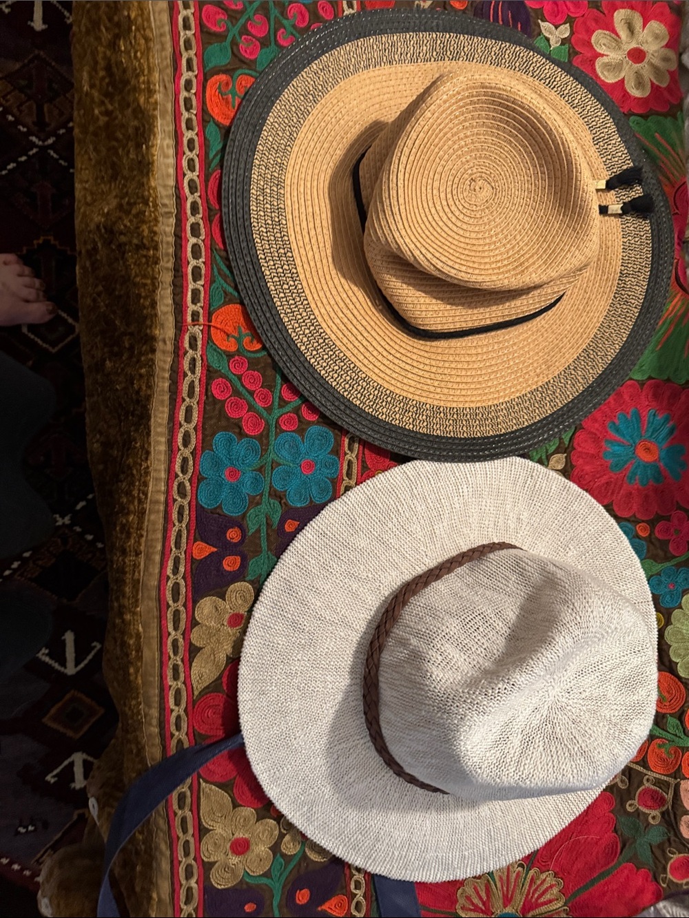 Saks Fifth Avenue Tan Straw Sun Hat with Black Trim & White Braided Panama Hat